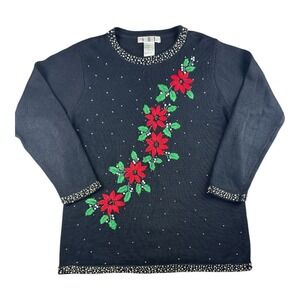 Vintage OHI Black Beaded Poinsettia Christmas Sweater XL Cotton Holiday Party